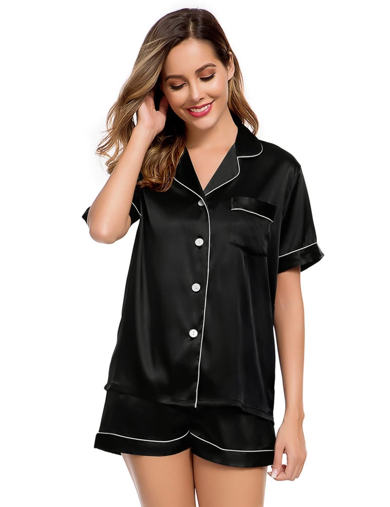 LecGee Womens Silk Satin Pajamas Short Sleeve Loungewear Two-Piece Sleepwear Button-Down Pj Set - Image 2